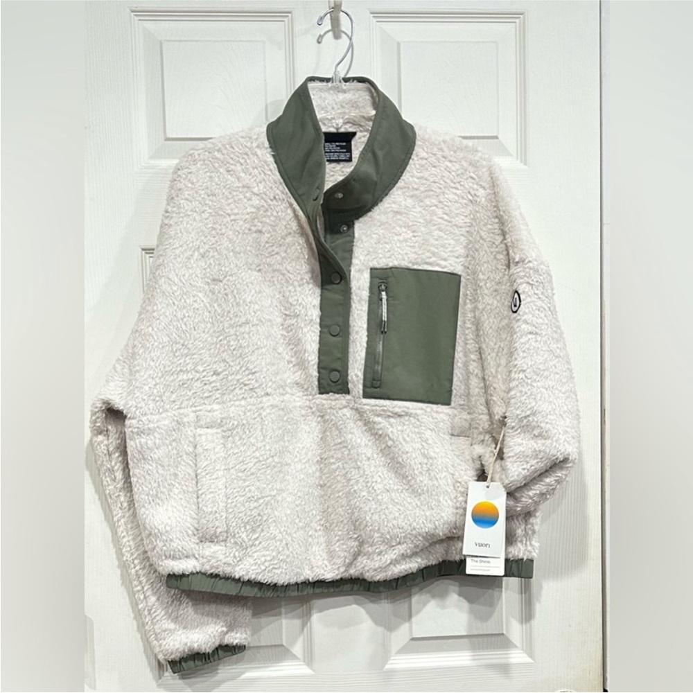 Vuori Women's XL Cozy Sherpa Popover Jacket Pullover Dune Green Cream NWT Pile